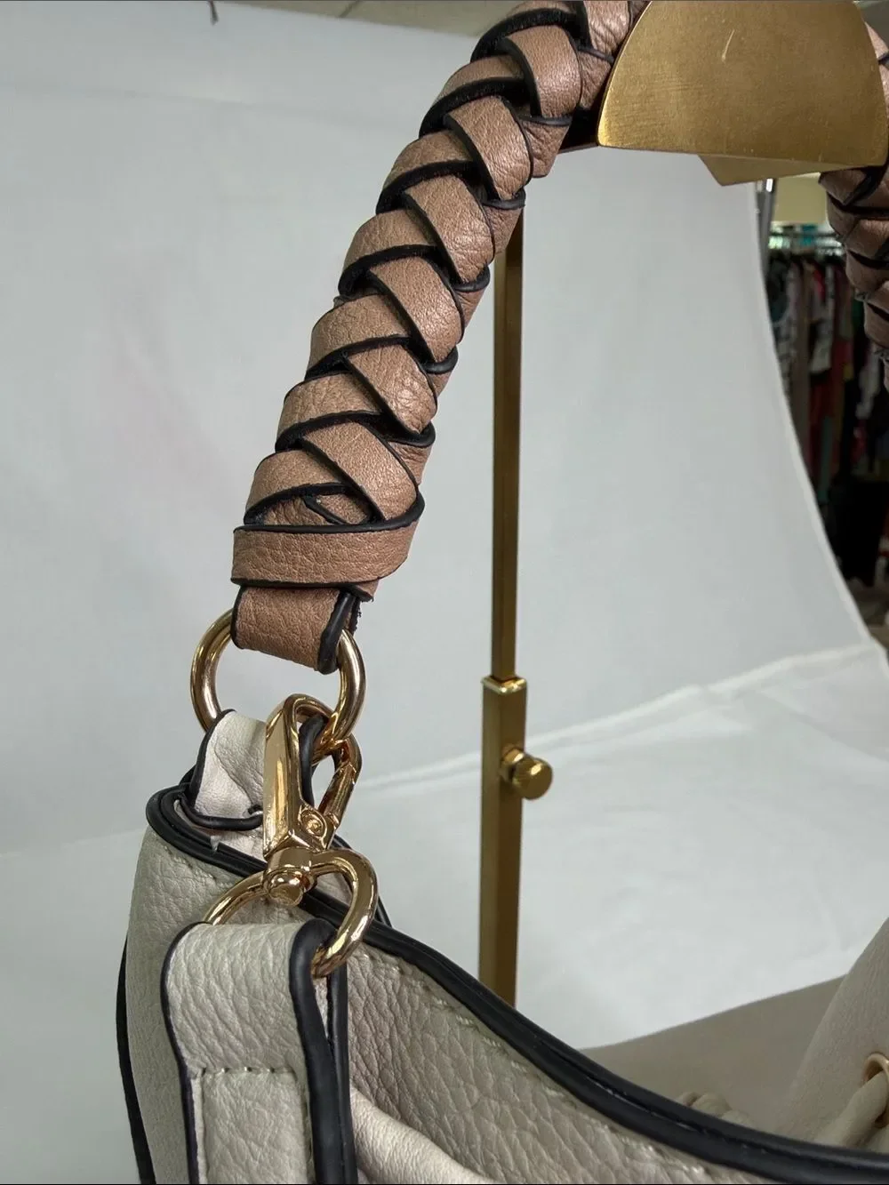 Soft Pebbled Cream Bucket Shoulder Bag with Braided Brown Handle